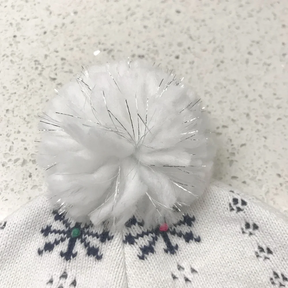 Kids Youth White & Navy Snowflake Pom Pom Beanie With Rainbow Dots